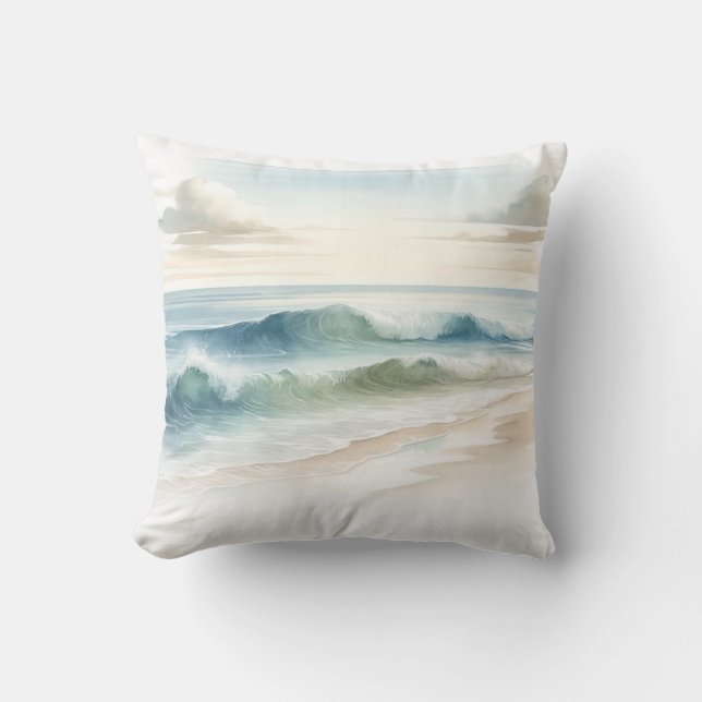 Cojín Decorativo Olas de playa de acuarela rústica costera  (Anverso)
