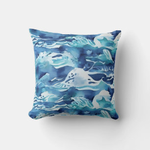 Cojín Decorativo Olas del Océano   Verde azulado Acuarela Azul Aqua