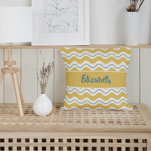 Cojín Decorativo Olas Náuticas Amarillas y Turquesas Personalizadas