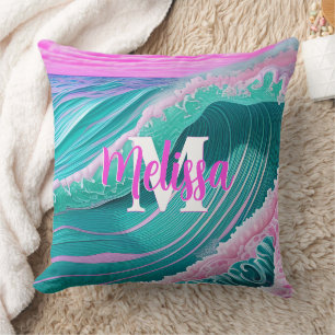Cojín Decorativo Olas oceánicas rosas Monograma