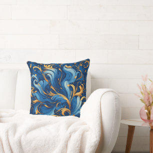 Cojín Decorativo Olas Reales de Capricho Remolinos de Azul y Dorado