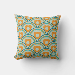 Cojín Decorativo Olas Retro y Flores Aqua, Verde Azulado, Naranja