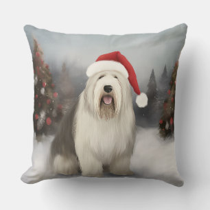 Cojín Decorativo Old English Sheepdog en Navidad con nieve