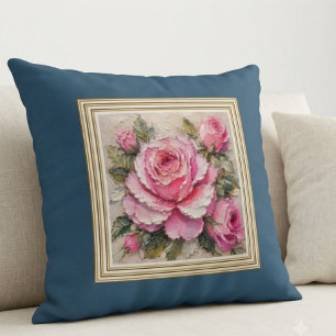 Cojín Decorativo Óleo de rosa Shabby Chic con acento azul acero