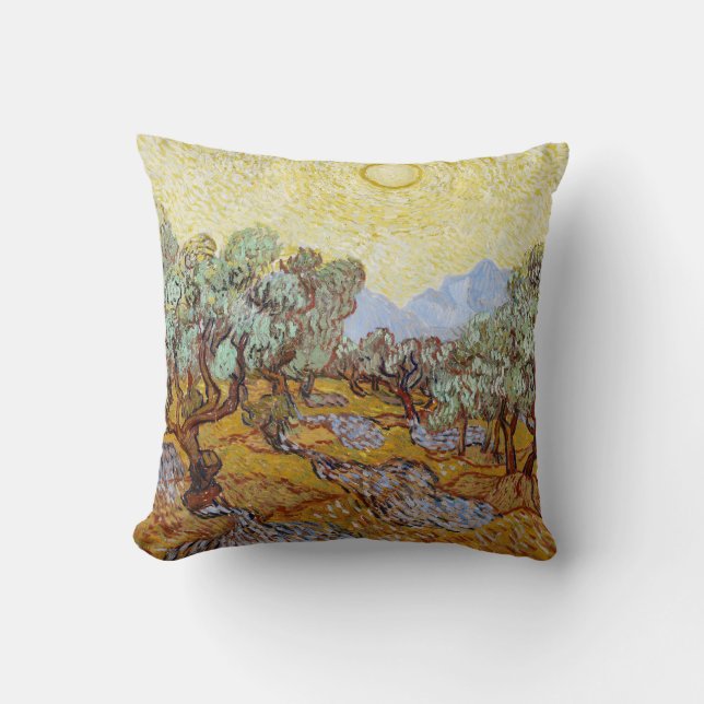 Cojín Decorativo Olivos con cielo amarillo y sol  (Anverso)