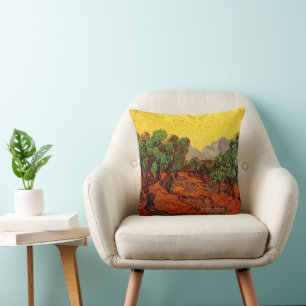 Cojín Decorativo Olivos con cielo amarillo y sol de Van Gogh