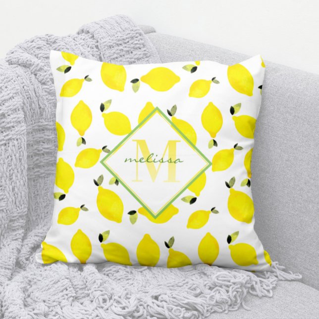 Cojín Decorativo Ombre Monograma Luminoso Blanco Verde Amarillo (Modern Lemon Pattern Monogram Pillow with Name)