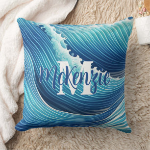 Cojín Decorativo Onda oceánica azul resumen monograma