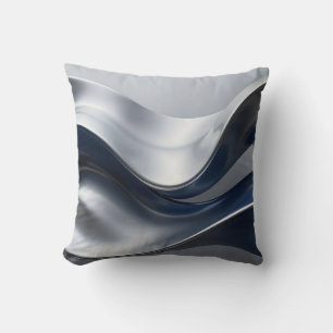 Cojín Decorativo Ondas Fluidas Abstractas Modernas de Plata y Azul 