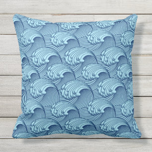 Cojín Decorativo Ondas japonesas vintage, marina y azul cielo