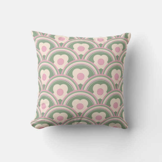 Cojín Decorativo Ondas Retro y Flores Rosa y Verde (Anverso)