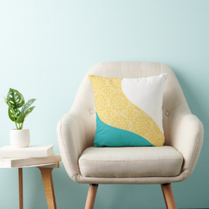 Cojín Decorativo Ondas simples - Patrón floral Turquesa y Amarillo