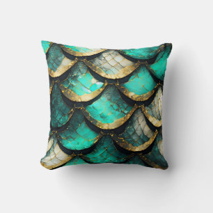 Cojín Decorativo "Opulencia Verde azulada dorada: Patrón de cola de
