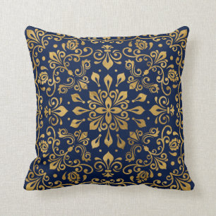 Cojín Decorativo Ornamento de Damasco Oriental - Oro en azul oscuro