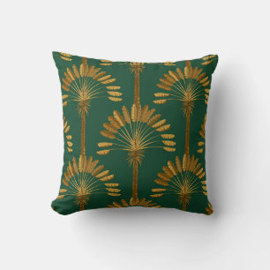 Cojín Decorativo Ornamento de palmeras doradas sobre un fondo verde