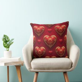 COJÍN DECORATIVO ORNAR CORAZONES DE AMOR ROJO Y ORO