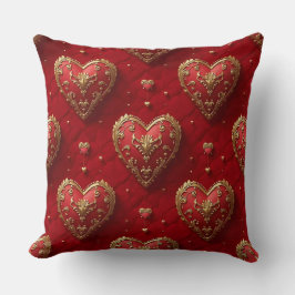 COJÍN DECORATIVO ORNAR CORAZONES DE AMOR ROJO Y ORO