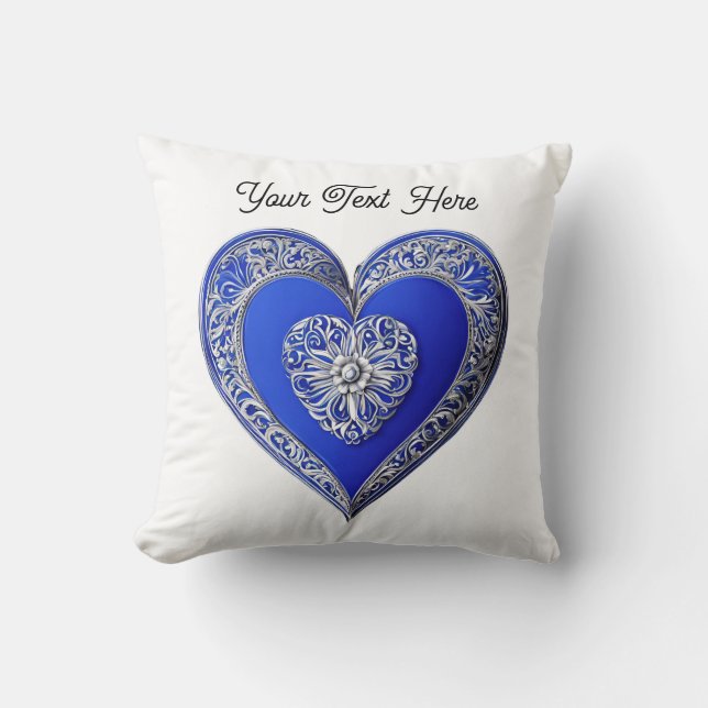 Cojín Decorativo Ornate Blue Love Heart Romantic Personalizado Text (Anverso)
