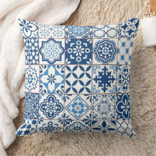 Cojín Decorativo Ornato Mosaico de Azulejo Azul Índigo Mediterráneo
