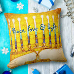Cojín Decorativo Oro amarillo Hanukkah Menorah Paz Amor y Luz<br><div class="desc">"Paz, amor y luz". Una foto de primer plano de una menorah artística brillante, colorida, amarilla y dorada te ayuda a inaugurar la festividad de Hanukkah con estilo. Sienta el calor y la alegría de la temporada de vacaciones cuando te relajes en esta impresionante y colorida almohada de lanzamiento de...</div>