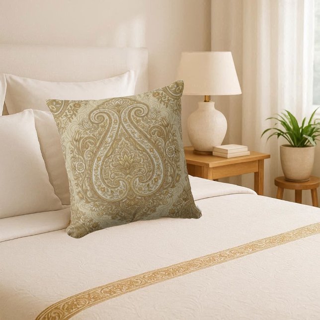 Cojín Decorativo Oro Antiguo Ornado Paisley Luxe Herencia Persa (Vintage Gold Ornate Paisley Luxe Persian Heritage Throw Pillow)