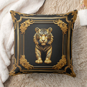 Cojín Decorativo Oro de tigre y marco ornamental negro