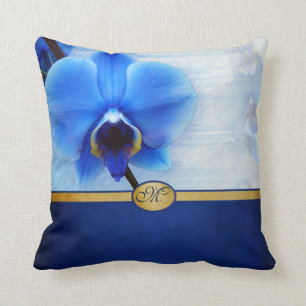 Cojín Decorativo Oro elegante con monograma de la orquídea azul