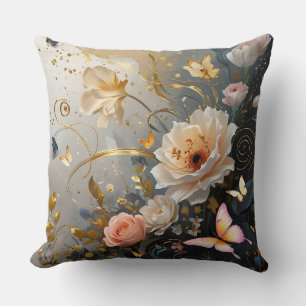Cojín Decorativo Oro elegante, rosado con flores tirando