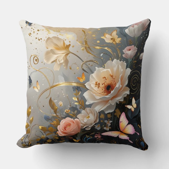 Cojín Decorativo Oro elegante, rosado con flores tirando (Anverso)