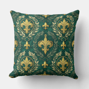 Cojín Decorativo Oro Fleur-de-lis Esmeralda Verde Patrón de Damasco