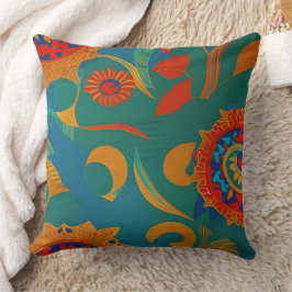 Cojín Decorativo oro marroquí rojo naranja azul turquesa hoja Mande