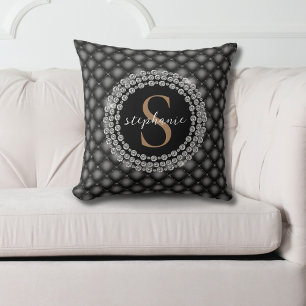 Cojín Decorativo Oro Negro Diamantes Monograma Acolchado Lujo Elega