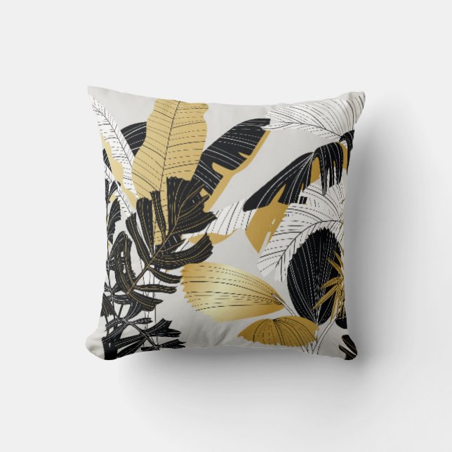 Cojín Decorativo Oro, plantas tropicales negras: lujo. (Anverso)