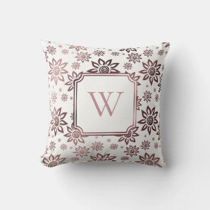 Cojín Decorativo Oro Rosa Falso con Hojas y Floral Blanco con Monog