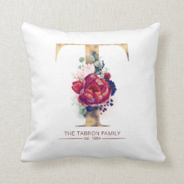 Cojín Decorativo Oro T Monograma Floral Borgoña Rojo y Azul Marina