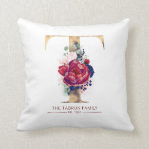 Cojín Decorativo Oro T Monograma Floral Borgoña Rojo y Azul Marina