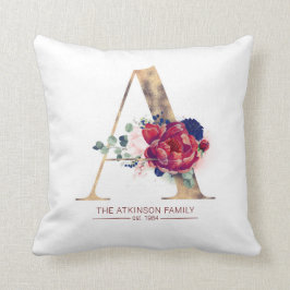 Cojín Decorativo Oro Un Monograma Borgoña Floral y Azul Marina