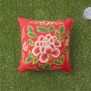 Cojín Decorativo Oro verde rojo floral japonés vintage