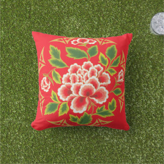 Cojín Decorativo Oro verde rojo floral japonés vintage
