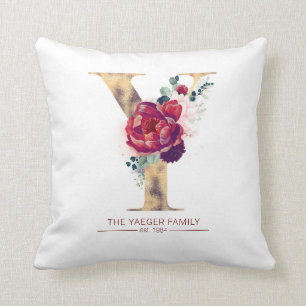 Cojín Decorativo Oro Y Monograma Floral Borgoña Rojo