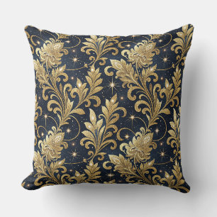 Cojín Decorativo Oro y negro patrón floral de damasco regio lujoso