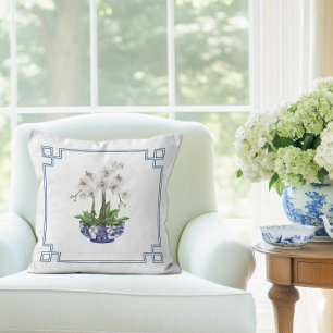 Cojín Decorativo Orquídea blanca en tazón de Chinoiserie azul y bla