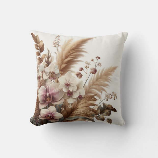 Cojín Decorativo Orquídea blanca rosa moderna con pampas (Anverso)