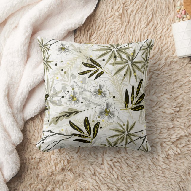 Cojín Decorativo orquídeas blancas con hojas tropicales de oliva (Manta)