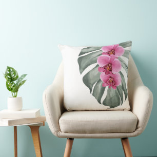 Cojín Decorativo Orquídeas rosadas calientes acuarela tropical Flor