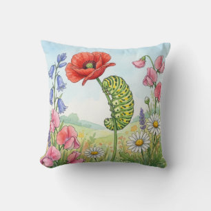 Cojín Decorativo Oruga linda y flores Insectos diminutos