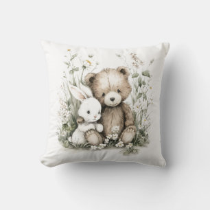 Cojín Decorativo Osito de acuarela adorable con conejo