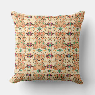 Cojín Decorativo Osito de Arte Popular Boho Patrón Continuo