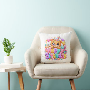 Cojín Decorativo Osito de felicitaciones Kawaii pastel rosa adorabl