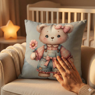 Cojín Decorativo Osito de peluche de pastel sosteniendo flor con ov